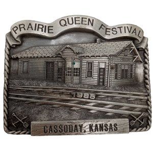 ATSF Train Depot Belt Buckle Cassoday KS 1985 Prairie Queen Festival Vintage